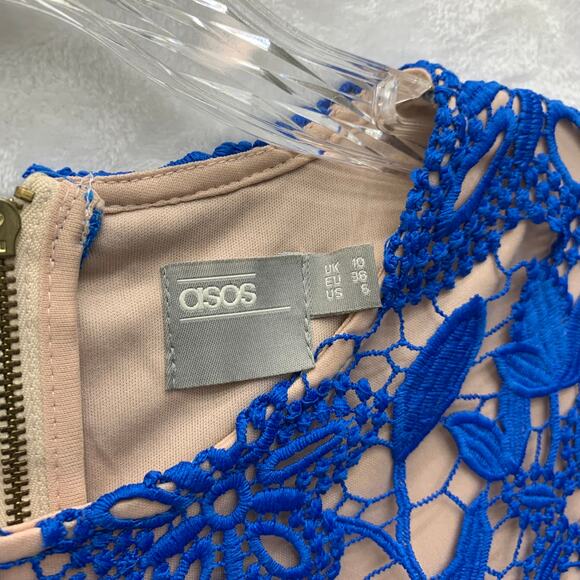 ASOS Womens Size 6 Blue Lace Overlay Short Sleeve Scoop Shift Dress Nude Lining - Picture 4 of 8